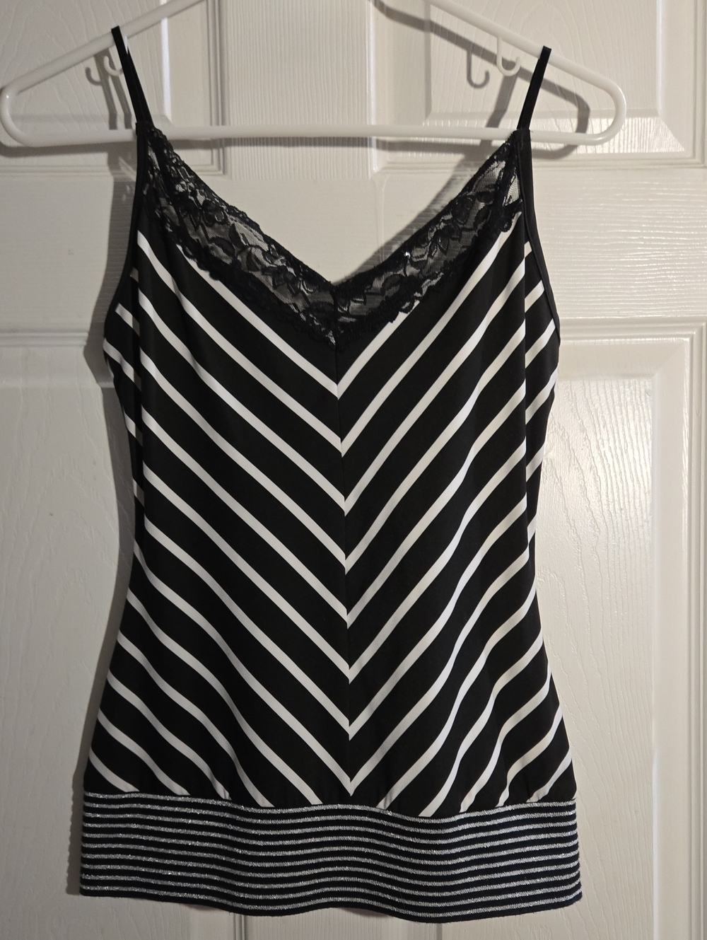 Rampage Black & White Striped Lace-Trim Cami